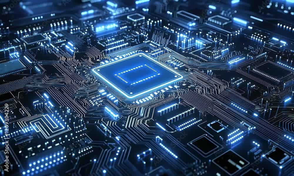 Poster glowing cpu on motherboard, tech background, data processing, website use