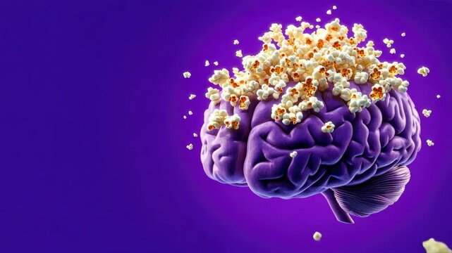 Purple human brain surrounded by popcorn on a purple background representing media consumption, creativity, and entertainment, Mass media influence and media effects concept