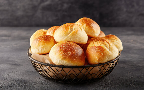 Freshly baked artisan bread rolls in wire basket, golden and warm, perfect for any meal. Their soft texture and inviting aroma make them delightful addition to table