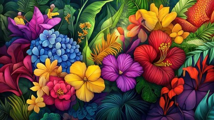 Vibrant Tropical Paradise: A Kaleidoscope of Lush Blooms and Exotic Foliage