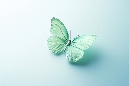 Minimalist green butterfly with open wings on a seamless white background