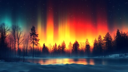 Obraz premium Winter Forest Aurora Borealis Night Sky Landscape