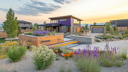 Modern house, landscaped garden, sunset, mountain view; real estate listing