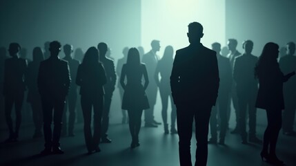  A lone person in a crowded room, their silhouette surrounded by blurred, indistinct figures, illustrating the isolation and social anxiety that can arise in social situations.