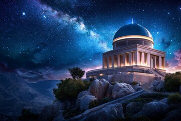 Fototapeta premium Observatory Built on Ancient Ruins Combines Historical Architecture with Futuristic Elements Under a Starry Sky Surrounded by Majestic Mountain Landscapes