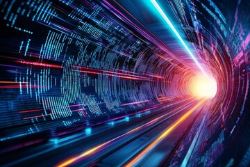 Abstract Visualization of Quantum Particle Accelerators Surrounded by Luminous Arcs Depicting High-Energy Physics in a Futuristic Tunnel Environment