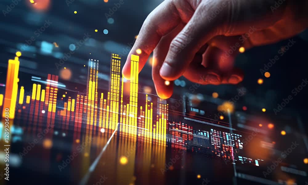 Aufkleber hand analyzing data graphs, futuristic interface, technology background