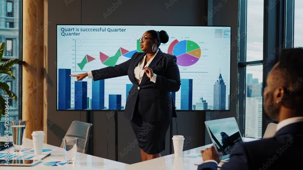 Poster business presentation highlights success in quarterly growth with data analysis and strategies