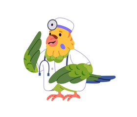 Cute parrot doctor in medical coat with stethoscope. Anthropomorphic animal pediatrician with medic equipment. Pediatric doc in uniform. Kids' health care. Flat isolated vector illustration on white