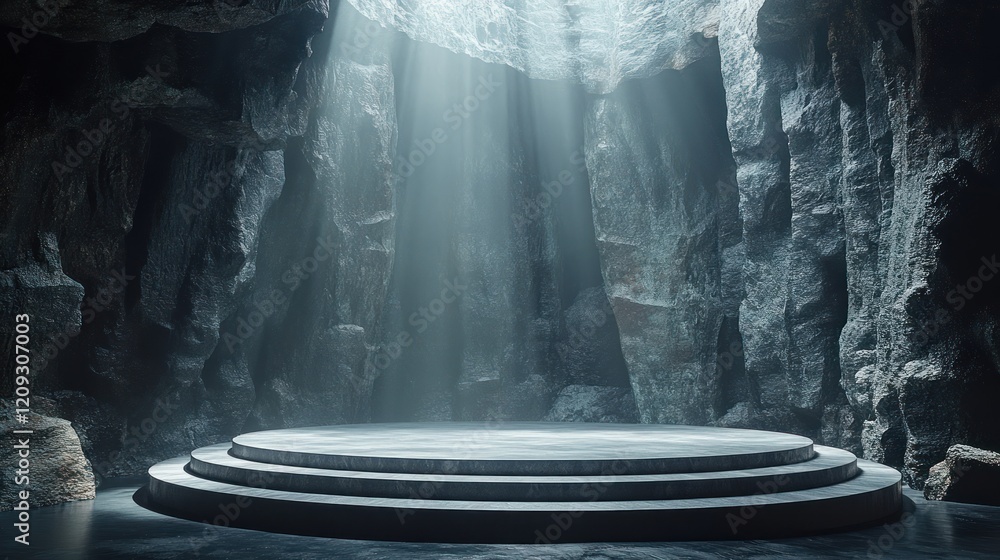 Poster minimalist stage set with circular platform and abstract rocks in dark cavern for product display sh