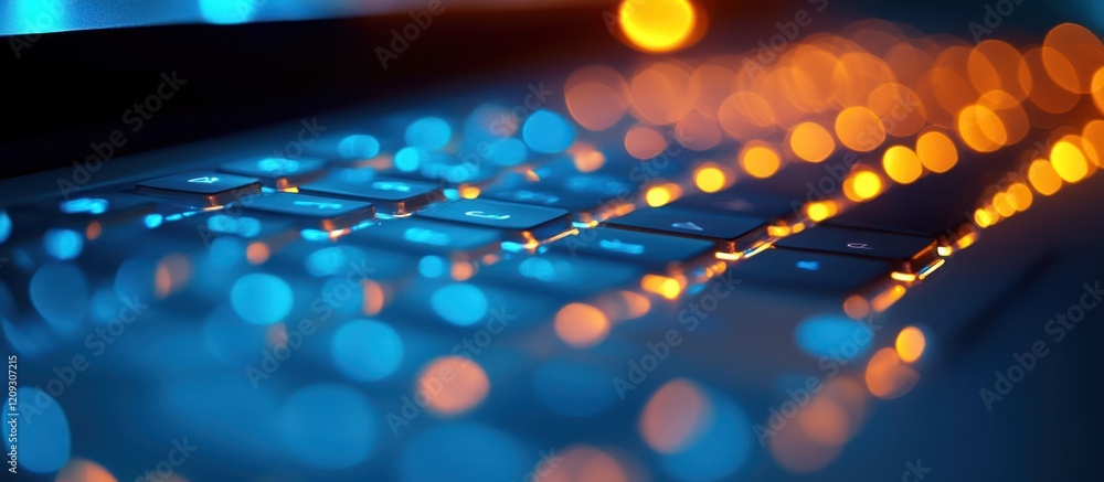 Poster illuminated laptop keyboard with bokeh lights.