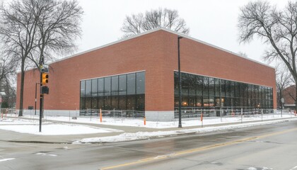 Modern brick building, winter street, construction, snow.