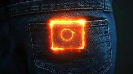 Glowing jeans pocket with a translucent package and circular symbol