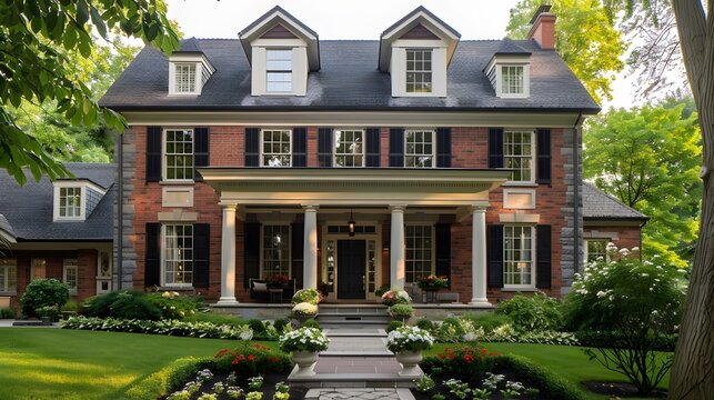 Beautiful Brick House with Lush Landscaping and Walkway