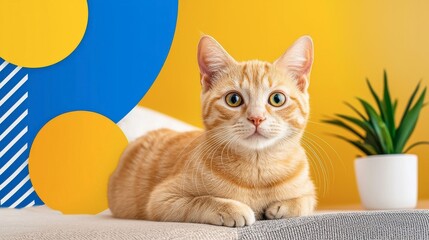 Adorable Orange Tabby Kitten Resting Against Vibrant Yellow and Blue Geometric Background