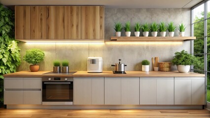 Fototapeta premium Modern Kitchen Design with Integrated Wood Cabinets and Abundant Greenery
