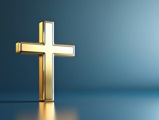 Naklejka premium Golden cross resting on a reflective surface with a soft blue background at a serene setting