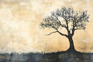 A striking structural acrylic painting features a solitary tree silhouette in bold, textured brushstrokes. This rustic artwork is set against a light background, allowing ample space for text