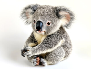 Cute baby koala sitting calmly while observing its surroundings indoors in a natural light setting