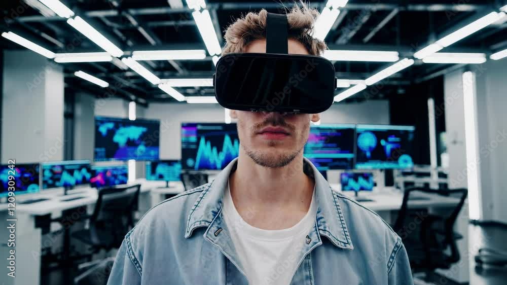 Aufkleber Young person explores advanced virtual reality technology in a modern control room with multiple screens