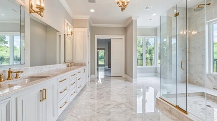 A spacious luxurious bathroom featuring a marble floor and white cabinets with gold accents