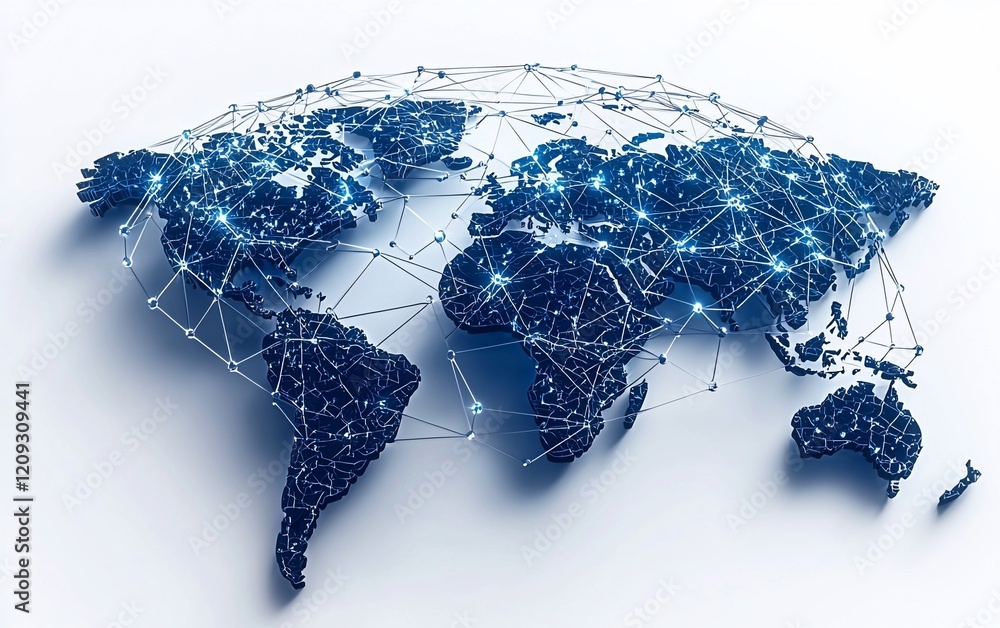 Poster Global network connection, world map with glowing nodes and lines.