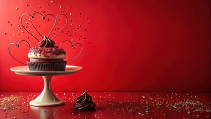 Romantic confectionery centerpiece with heart-shaped wire decoration and chocolate accents on a red background
