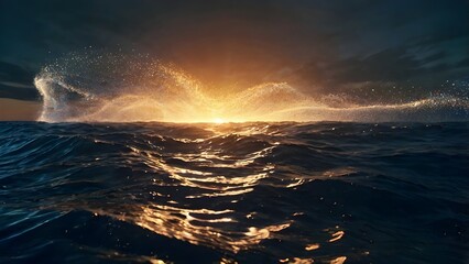 Fototapeta premium surreal scene of light particles flowing like a shimmering wave over a dark ocean