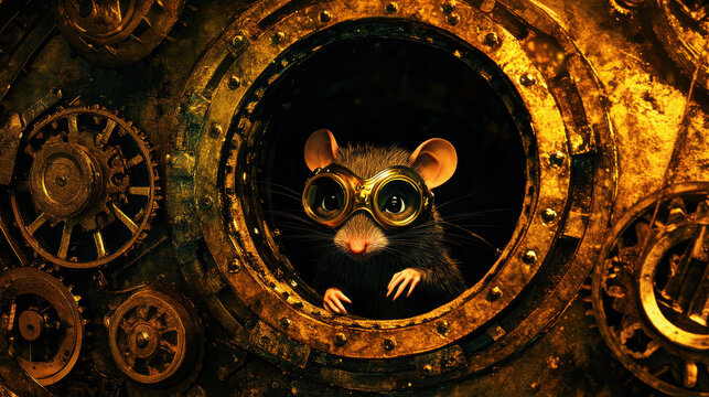 A steampunk-style depiction of a mouse with tiny goggles peering through a brass and iron hole, surrounded by intricate clockwork gears, dramatic warm lighting with golden hues