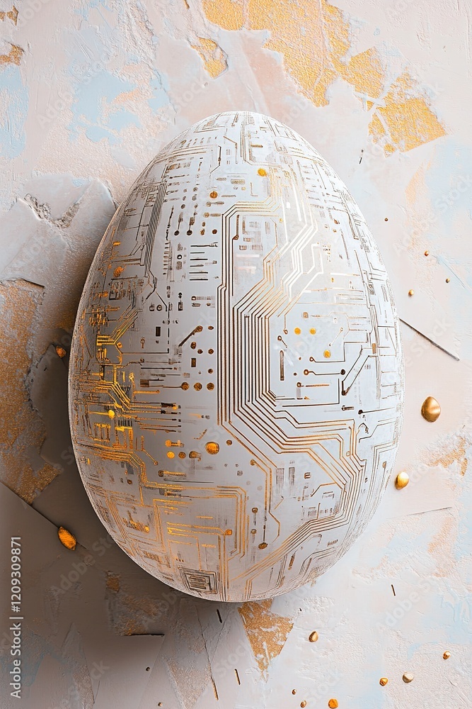 Poster a tech-themed easter card presents an abstract easter egg adorned with circuit board patterns in gol