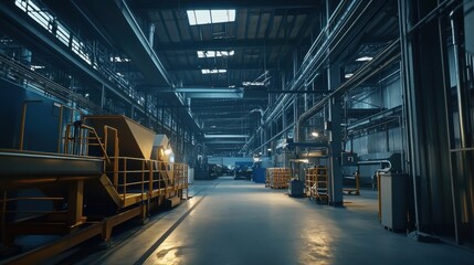 Advanced machinery in a modern recycling facility processes recyclable materials under bright industrial lighting, symbolizing sustainability.