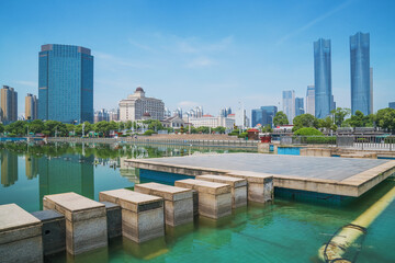 The urban architectural skyline and tourist scenery of Qiushui Square in Nanchang, Jiangxi Province, China on April 1, 2024