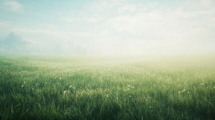 Fototapeta premium A serene landscape of green grass under a soft mist, inviting calmness and reflection.