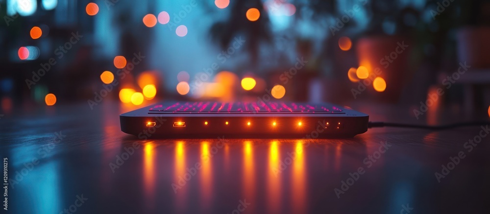 Poster illuminated keyboard on a table at night with bokeh lights.