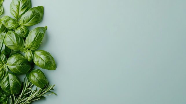 Fresh basil and rosemary on blue background, food recipe, cooking blog