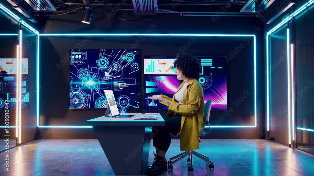 Poster exploring advanced data visualization techniques in a modern tech workspace