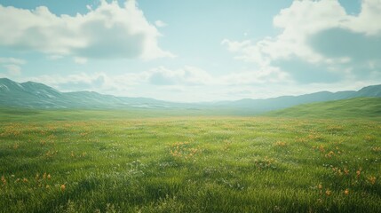 Obraz premium A serene landscape of lush green grass under a bright blue sky with distant mountains.