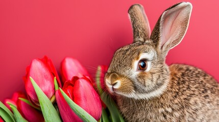 Obraz premium Charming Brown Rabbit with Red Tulips Springtime Easter Delight