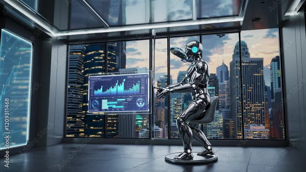 Poster advanced robotics in an urban office setting showcasing data analysis against a skyline backdrop