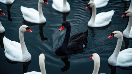 Obraz premium Black swan surrounded by white swans in dark water.
