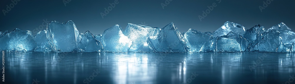 Poster a serene background features a glowing ice-like texture with soft blue and white light reflections a