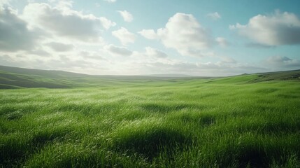 Obraz premium A serene landscape with lush green grass under a clear blue sky and fluffy clouds.