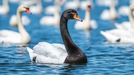 Obraz premium Elegant black swan swimming among white swans in a serene blue lake.
