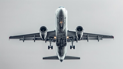Airplane taking off with landing gear down in a grey cloudy sky view from below
