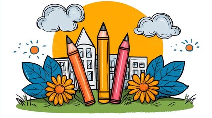 Cheerful Illustration of Pencils in a Sunny Cityscape Setting