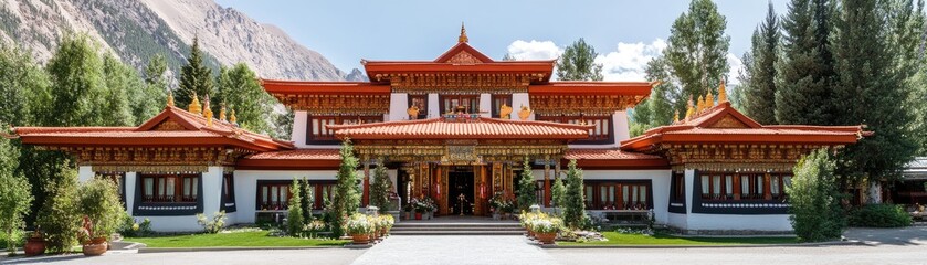 Naklejka premium Mountain monastery, peaceful garden, Himalayan backdrop, travel tourism