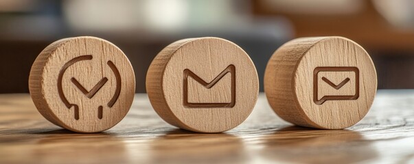 Wide view image of three wooden cut circles with contact and information icons on them, Generative AI