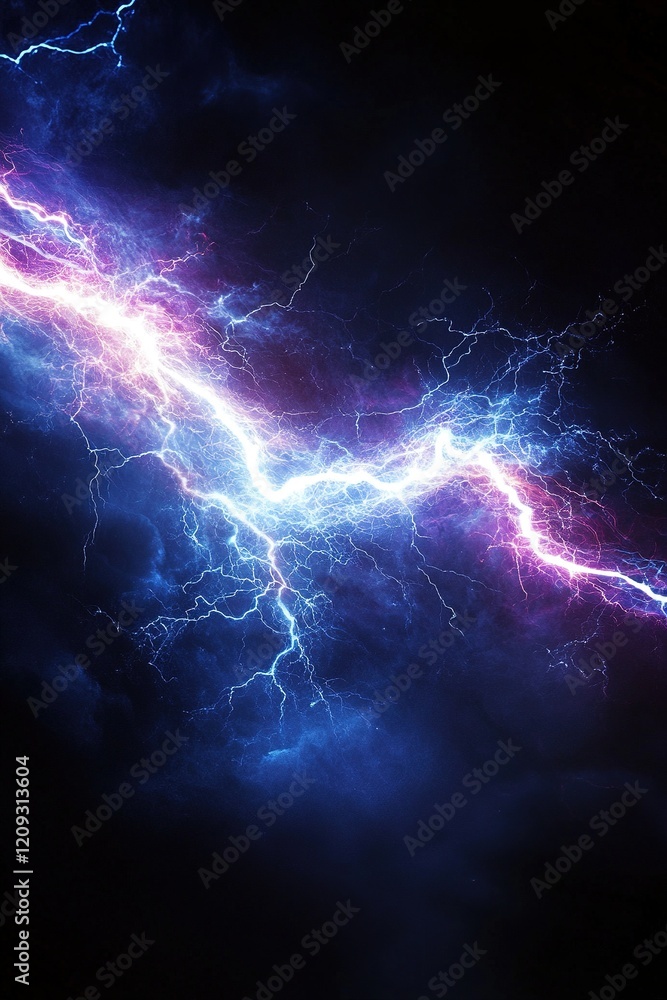 Poster energetic lightning bolts burst forth in vibrant neon shades of blue and purple, illuminating a blac