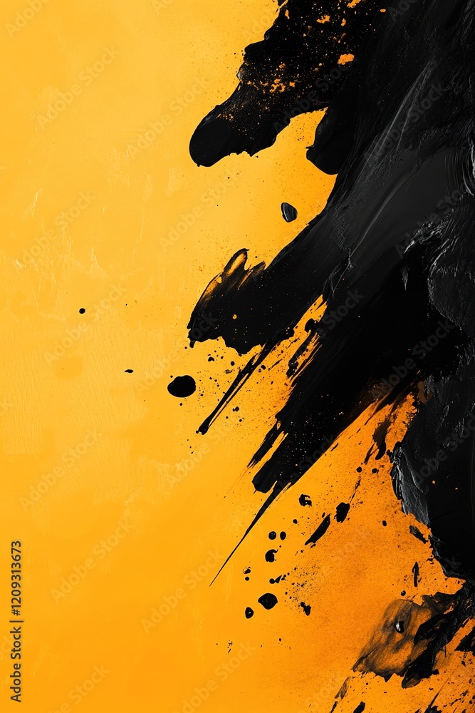 Poster energetic abstract background showcases explosive shapes with dynamic splashes of yellow and black, 