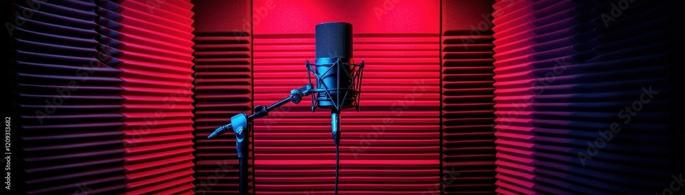 Aufkleber a vibrant recording booth featuring a microphone, illuminated by striking red lighting, creating a d
